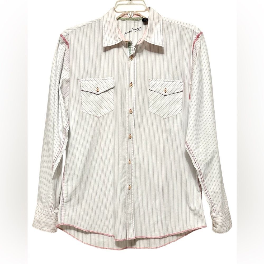 Arnold Zimberg White Pastel Pinstriped Striped Button Down Dress Shirt Men's M